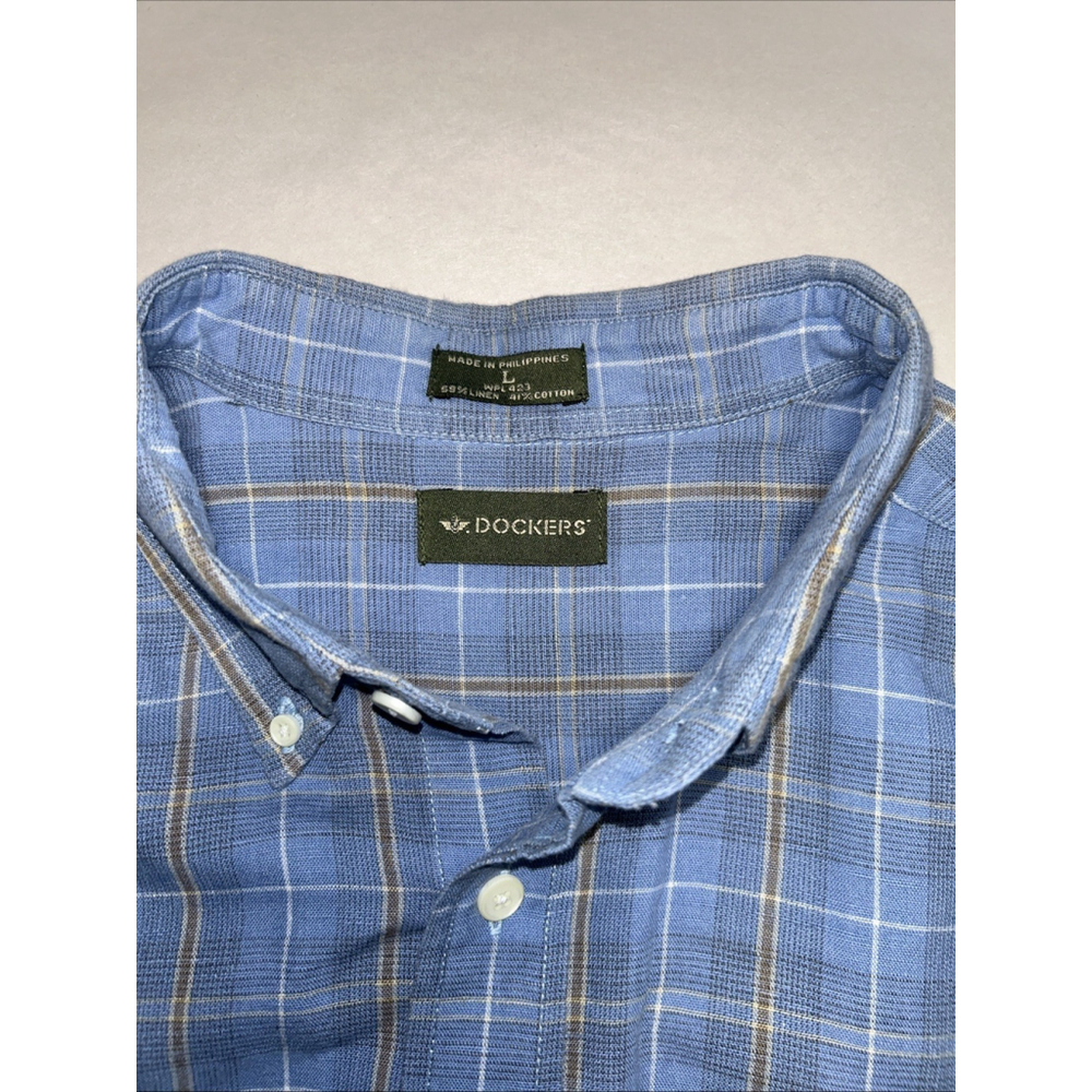 Dockers Men’s Large Linen/Cotton Blend Blue Check Button Down Shirt